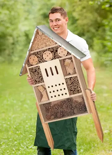 [Natural Pine Insect Habitat] 30"x15" Natural Pine Extra-Large Wooden Insect Habitat - Mason Bee & Butterfly Hotel, Ladybug Shelter, Garden & Yard Decor with Stakes